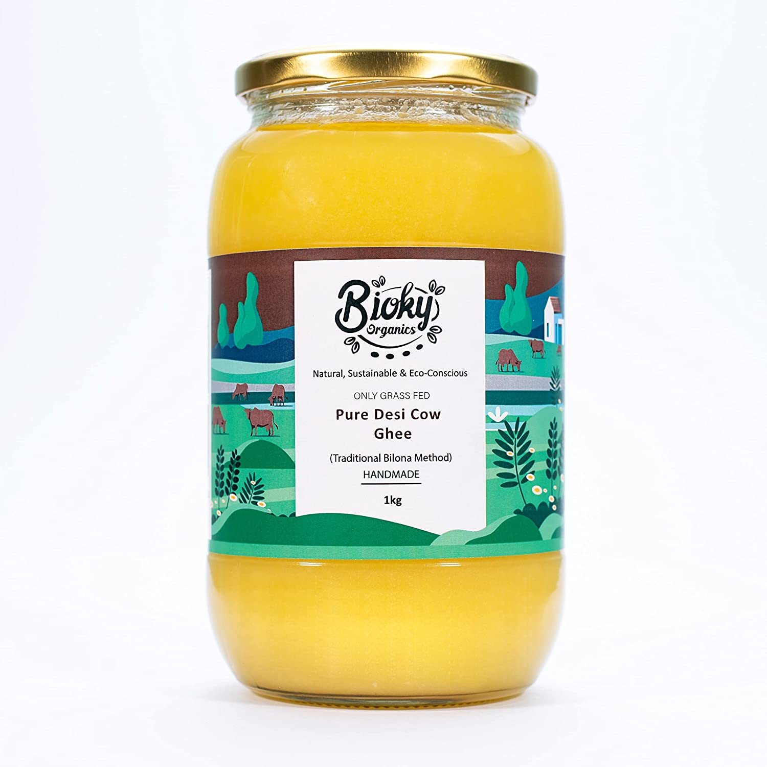 Bioky Organics A2 Desi Cow Ghee 1Ltr. | Desi Kankrej Cow | Bilona Method, Premium Cultured Ghee