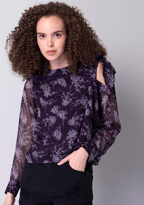 Purple Floral Boat Neck Tie Up Blouse