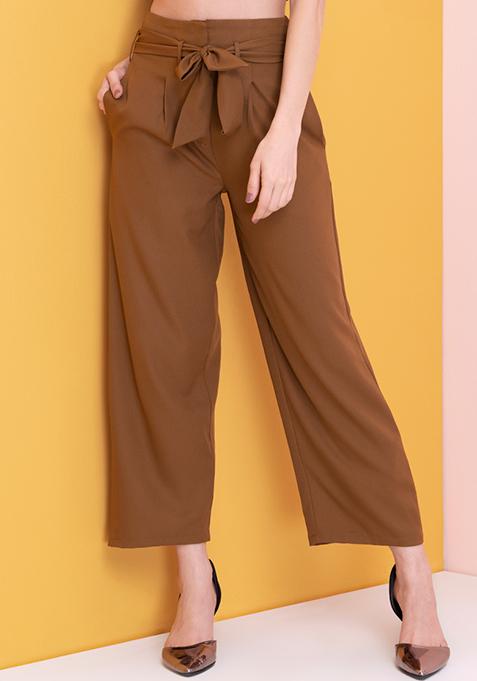 Tan Belted High Waist Paperbag Straight Trousers