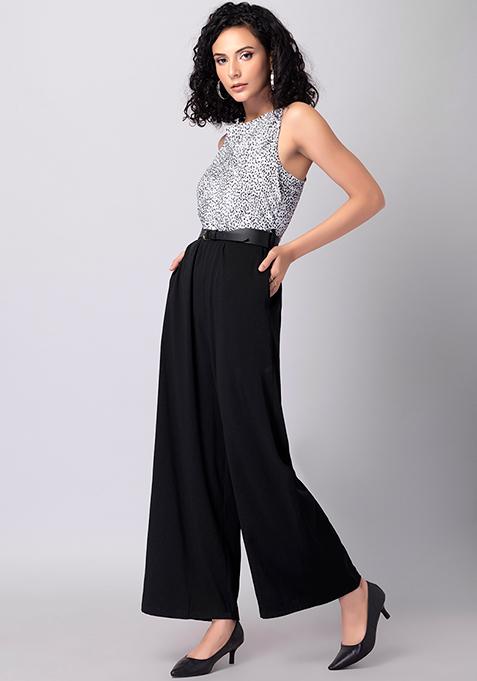 Black Swiss Dot Cowl Neck Belted Jumpsuit