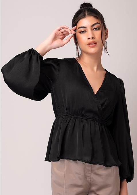 Black V Neck Elasticated Sleeve Blouse