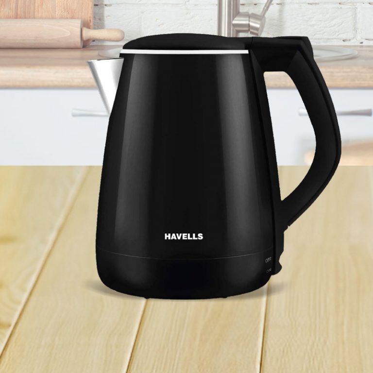 Havells AQUA PLUS 1500 watts 1.2 liters Electric Kettle, Double Layered Cool Touch Outer Body | 304 Rust Resistant SS Inner Body with Auto Shut Off | Wider Mouth | 2 Year Warranty (Black)