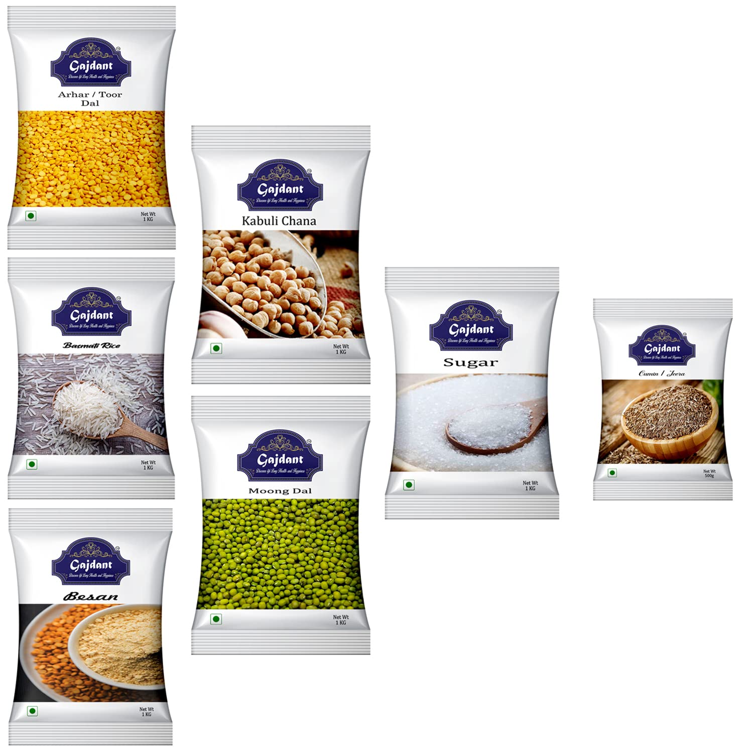 Combo Grocery Pack (1Kg Arhar Dal, 1Kg Basmati Rice, 1Kg Besan, 1Kabuli Chana, 1Kg Sabut Moong Dal, 1Kg Sugar + 500g Jeera