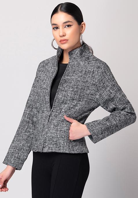 Black And White Tweed Zippered Bomber Jacket